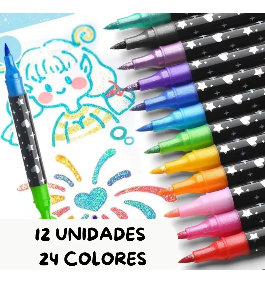 FIBRAS DOBLE PUNTA CON BRILLITOS GLITTER, 24 COLORES